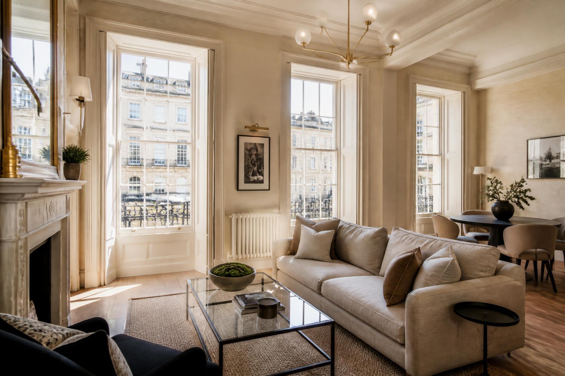 Elegantly styled Georgian short-let apartment interior in Bath with tall sash windows